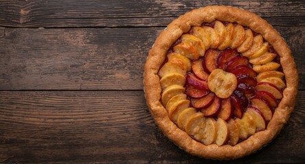 Fototapeta premium Artisan fruit pie with plum and apple slices on weathered wood backdrop featuring copy space
