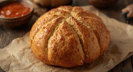 Fototapeta premium Freshly baked Mexican seashell style bread roll perfect for snack time with hot drinks