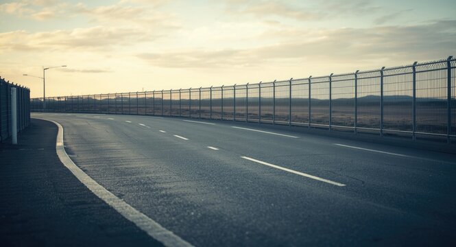 Open frame capturing an empty bend on a sleek asphalt street with protective fencing in the distance