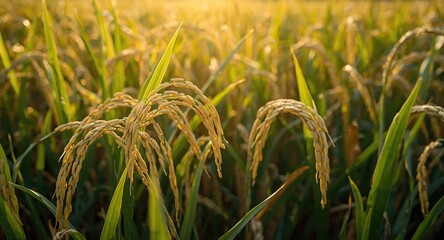 Fototapeta premium Healthy golden rice grains growing on thick paddy stalks during day