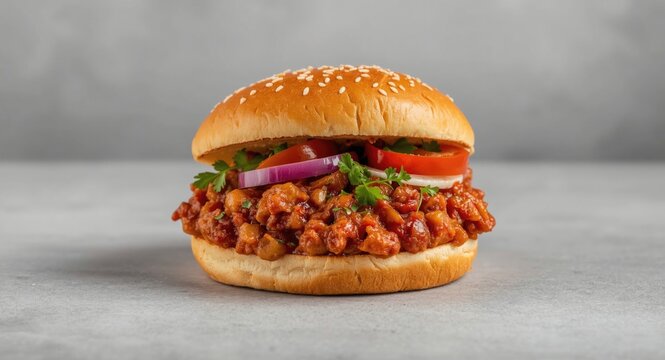 Homemade sloppy joe sandwich with fresh vegetable and herb garnish on sesame bun set against a neutral background for menus
