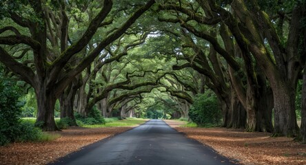 Naklejka premium Driveway pathway surrounded by towering oak trees and abundant greenery