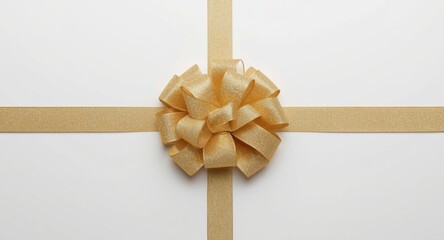 Fototapeta premium Luxurious gold ribbon bow placed atop a soft white panel background with copy space