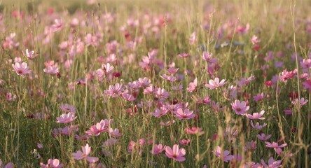 Fototapeta premium Pink flowering field abundant with cosmos flowers on a fresh morning
