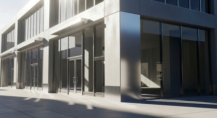Obraz premium Modern architectural building with glass facade and entrance.