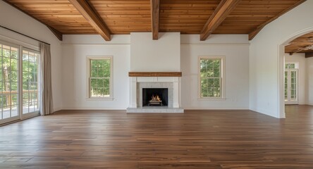 Naklejka premium Open airy great room displaying traditional fireplace framed by rustic exposed wooden ceiling beams