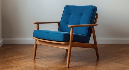 Fototapeta premium Hardwood framed electric blue chair placed on warm timber floor in a relaxed interior setting