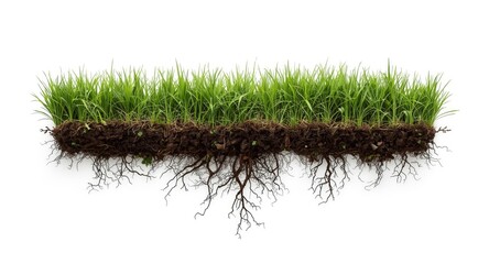 Naklejka premium Isolated patch of natural grass strip with soil and roots on white backdrop