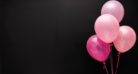 Obraz premium Festive pink glitter balloons on black background for love and birthday celebration cards