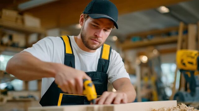 19Focused craftsman assembling custom wooden furniture using a screwdriver, hands centered in frame, background softly blurred with shelves and tools, balanced natural lighting, auth