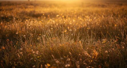 Naklejka premium Golden light falls gently on a grassy plain filled with seasonal autumn flowers