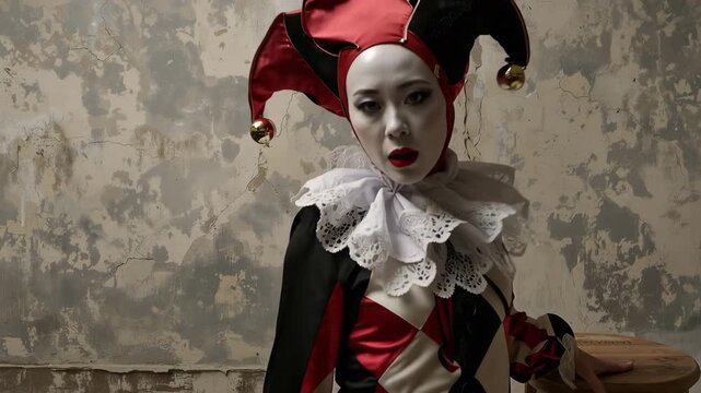 退色した古壁の前で日本人道化師が余裕ある立ち姿を見せる