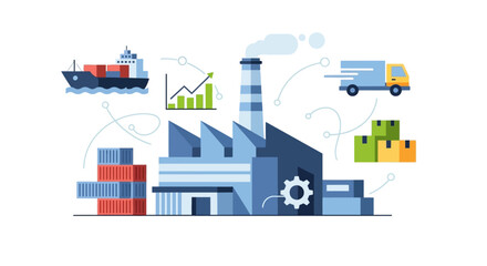 Naklejka premium Integrated Supply Chain, Logistics, and Manufacturing Factory Illustration