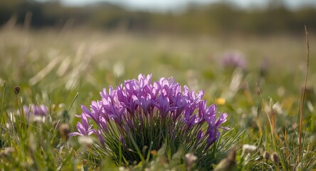 Fototapeta premium Energetic violet petals blooming in unmanaged outdoor fields