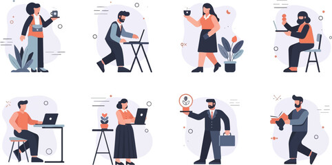 Fototapeta premium Stylized people with laptops, coffee, and plants in a modern office setting