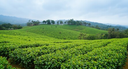 Extensive agricultural fields planted with lush tea bushes