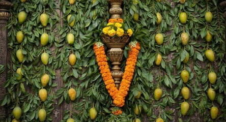 Obraz premium Ornamental Indian marriage door featuring fresh mango leaves and bright marigold flower decor