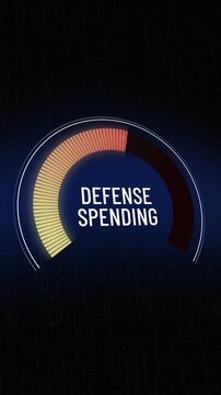 Vertical video motion graphic of digital gauge as defense spending rapidly decreases, military budget cuts animation on dark tech background, peace dividend, lowering costs, Copy space