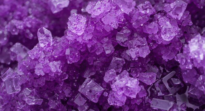 Macro image of potassium permanganate crystals showing vivid purple tones and intricate texture features for abstract scientific backgrounds