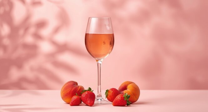 Glass of blush rose wine framed by fresh peaches and strawberries on a tender pink background for sunny social wine events