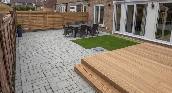 Renovated outdoor space combining cobble paving and timber deck with artificial turf