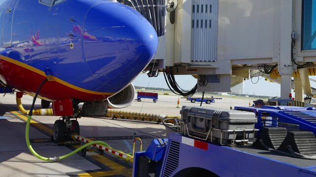 Blue Commercial Airplane Parked at Gate With Jet Bridge and Ground Crew Preparing for Boarding