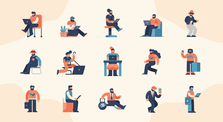 Fototapeta premium Diverse individuals engaged in various work-related activities using technology