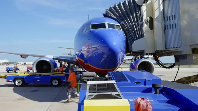 Blue Commercial Airplane Parked at Gate With Jet Bridge and Ground Crew Preparing for Boarding