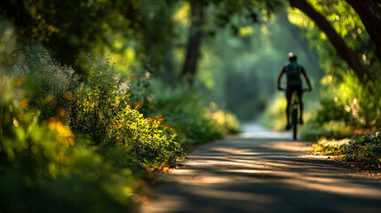 Obraz premium person riding bicycle under lush green trees, sunlight blurred into vibrant bokeh, active summer concept