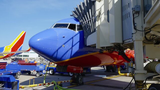 Blue Commercial Airplane Parked at Gate With Jet Bridge and Ground Crew Preparing for Boarding