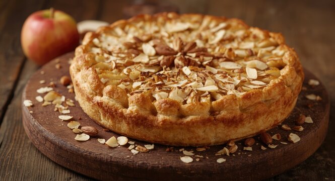 Rustic wooden board with a creamy apple pie adorned with almond flakes in a close detailed shot
