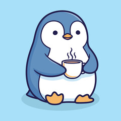 Vector illustration of a cute cartoon penguin holding a steaming cup of coffee or tea in its flippers on a light blue background © JIHAD HOSSAIN