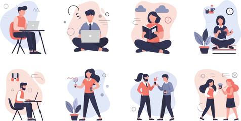 Fototapeta premium Diverse individuals engaged in various activities like working, reading, and conversing