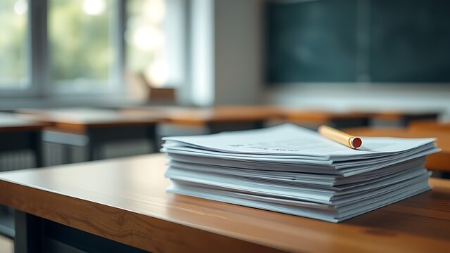 A stack of blank test papers on a wooden desk, symbolizing academic preparation and learning in a classroom.