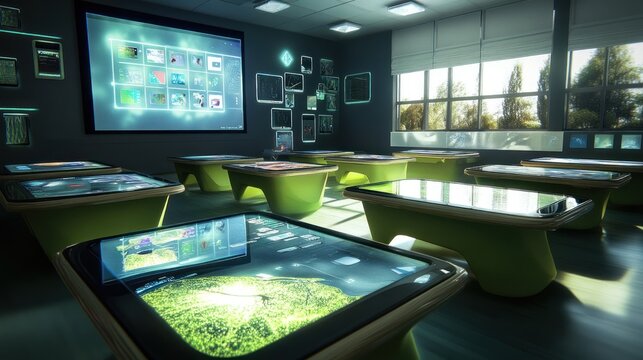 Modern interactive classroom with touch screen tables and digital displays