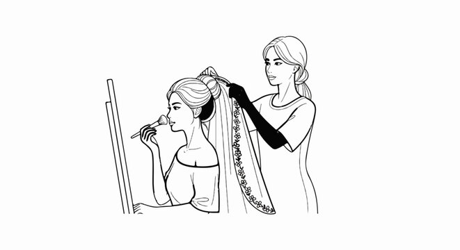 A person applies makeup while another secures a decorative veil