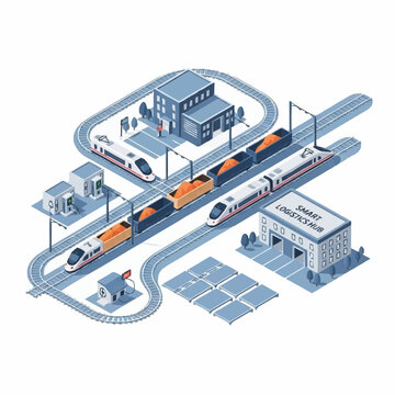 Isometric Smart Logistics Hub with Modern Trains and Infrastructure.