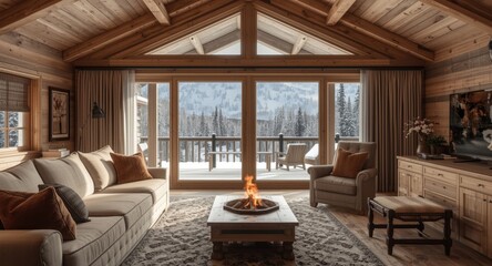 Naklejka premium A cozy countryside chalet interior with warm wooden decor and panoramic winter forest window