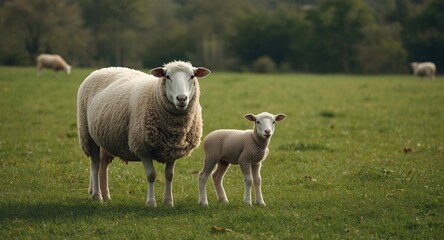 Obraz premium Peaceful farm scene with wool sheep and lambs on green grass