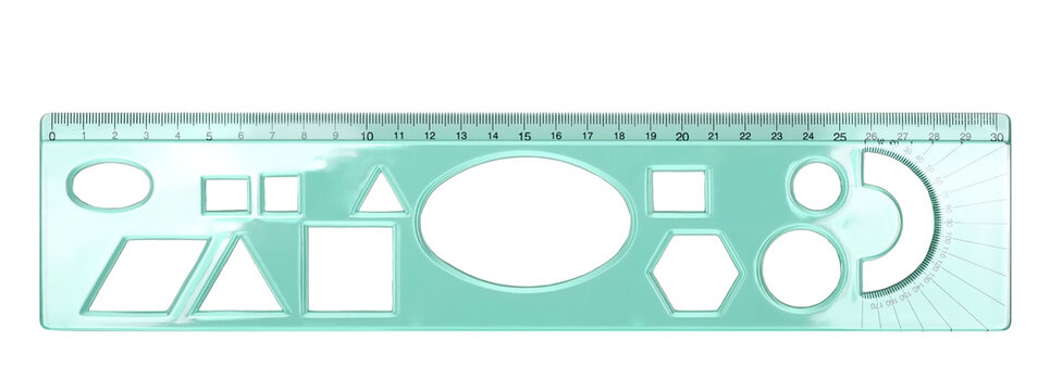 Green ruler and stencil, plastic transparent isolated on white background, with clipping path