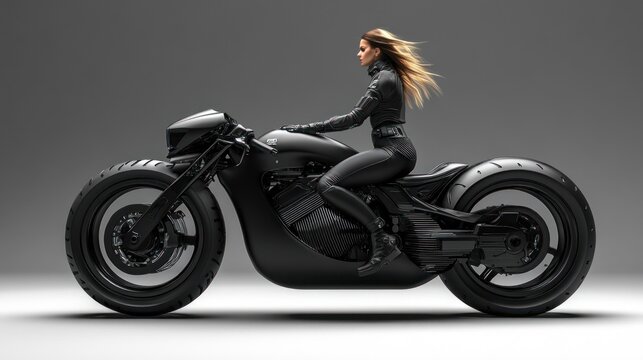 Woman rides sleek, black custom motorcycle