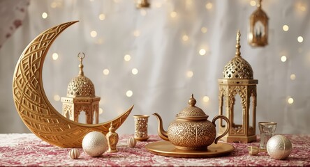 Obraz premium Islamic festive decor with crescent moon and teapot on decorated table with copy space