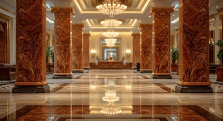 Obraz premium Luxurious hotel lobby decorated with detailed marble columns and bright marble floors with cinematic glowing bokeh background