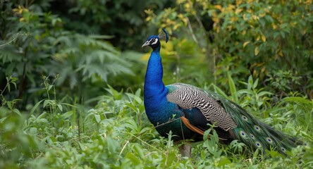 Obraz premium Full body portrait of a peacock amid lush green vegetation