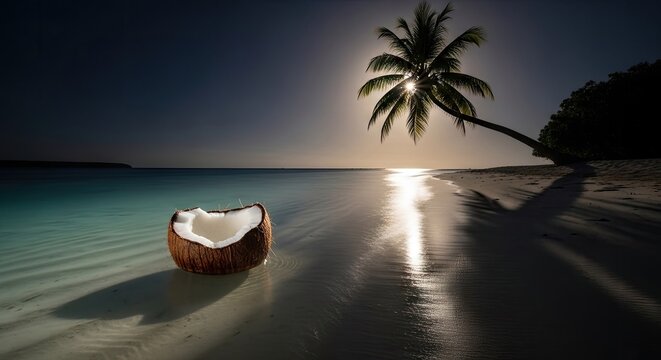 Coconut on beach at night palm tree under moonlight serene waterscape