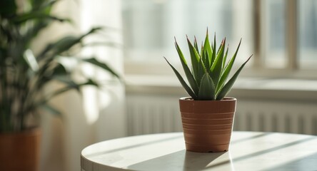 Fototapeta premium Small potted Agave American Century Plant on a simple table in a room filled with natural light