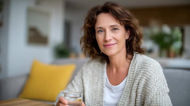 108Woman seated at a table calmly taking daily medication with water, minimalistic interior design, neutral colors, quiet domestic atmosphere, emphasis on wellness and balance