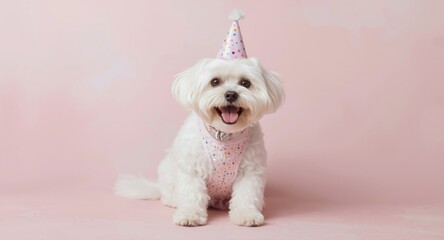 Obraz premium Maltese dog in colorful party accessories posing joyfully on soft pastel backdrop for celebrations