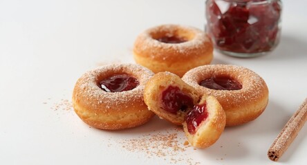 Obraz premium German carnival sweet donuts with rose hip jam filling and cinnamon sugar dusting set on white background