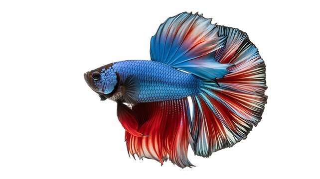 A blue and red betta fish on a white background